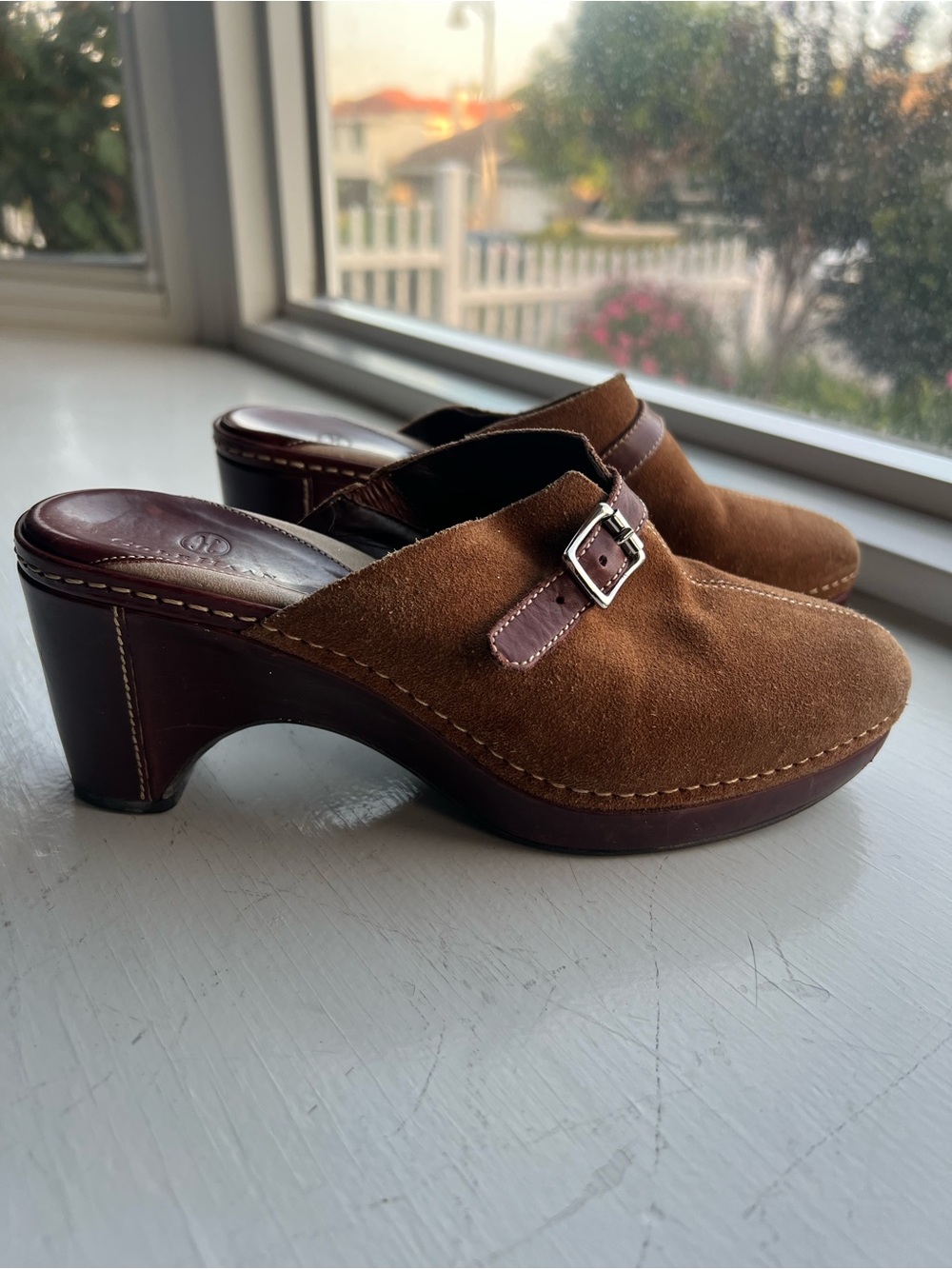 Cole Haan Tan Suede Clogs with Buckle Strap, 7